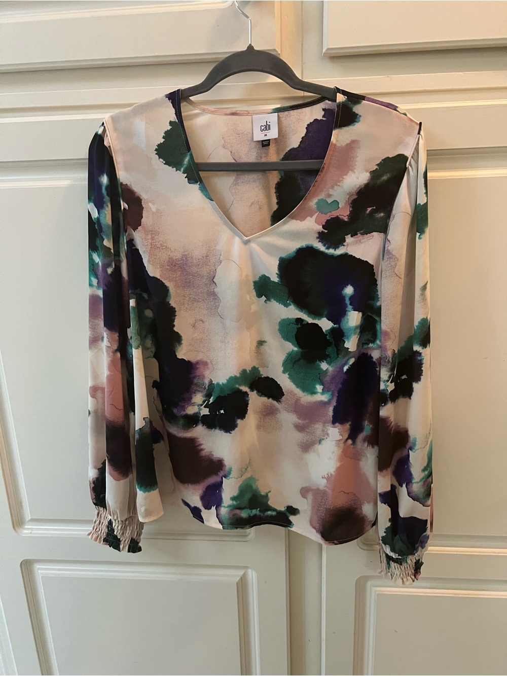 CAbi Watercolor Floral V-Neck Blouse in Cream, Green, Purple, Black